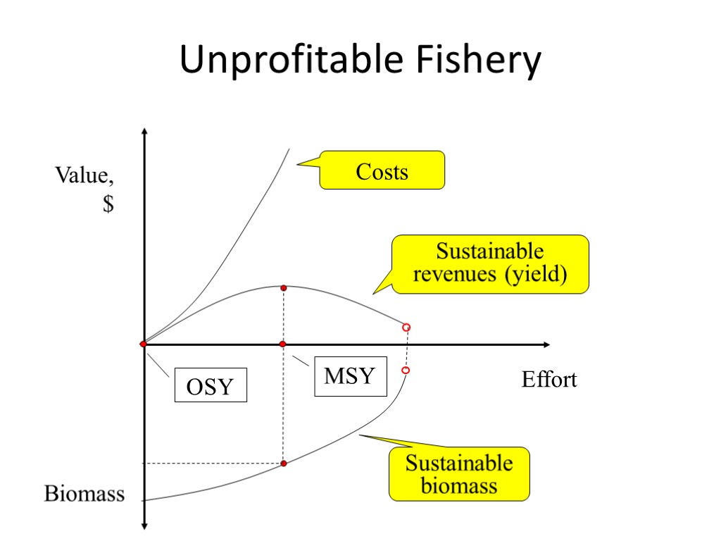 Unprofitable Fishery Value, $ Effort Biomass Costs Sustainable revenues (yield) Sustainable biomass MSY OSY